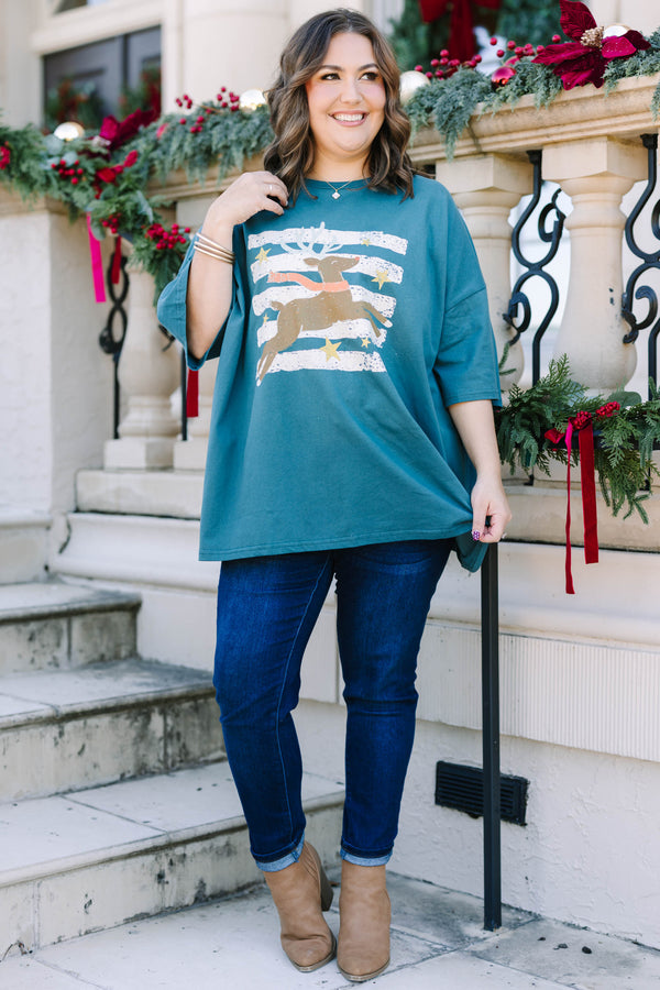 Plus Size peacock blue boyfriend tee with a vintage reindeer graphic and white stripes.
