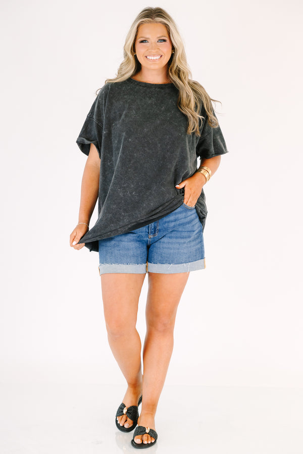 Plus Size oversized ash black mineral wash t-shirt with short sleeves and a crew neckline.