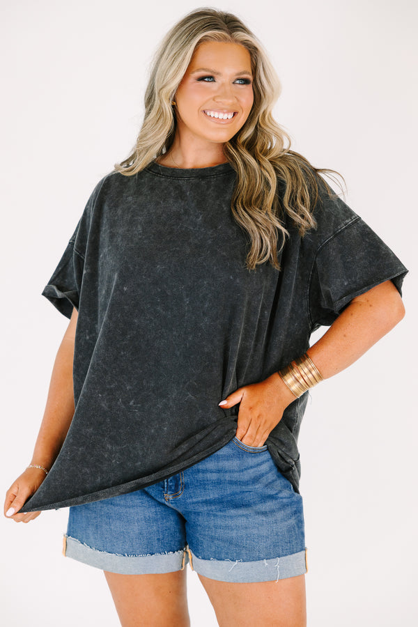 Plus Size oversized ash black mineral wash t-shirt with short sleeves and a crew neckline.