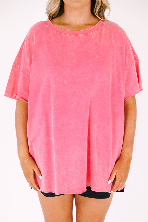 Plus Size fuchsia acid wash French terry drop shoulder tee with raw edges.