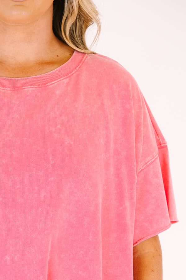 Plus Size fuchsia acid wash French terry drop shoulder tee with raw edges.