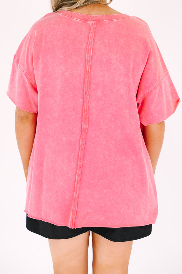 Plus Size fuchsia acid wash French terry drop shoulder tee with raw edges.