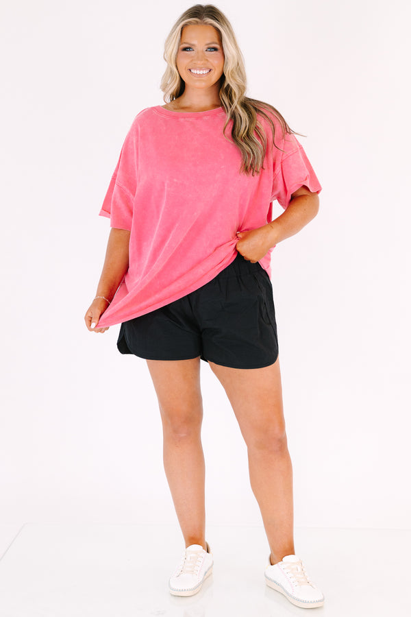 Plus Size fuchsia acid wash French terry drop shoulder tee with raw edges.