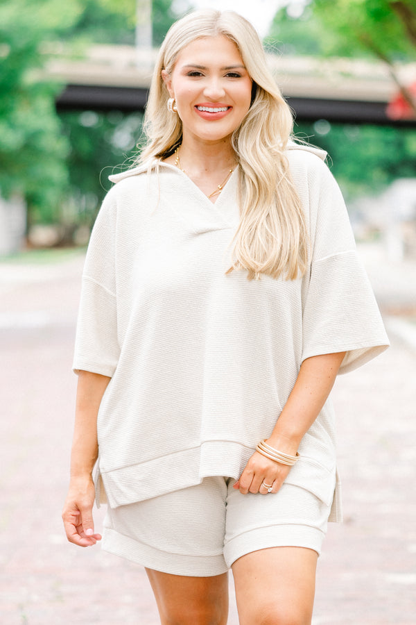 Chic Soul Plus size clothing, Taupe  short sleeve top that has a cuff at the bottom of the top and a collar 