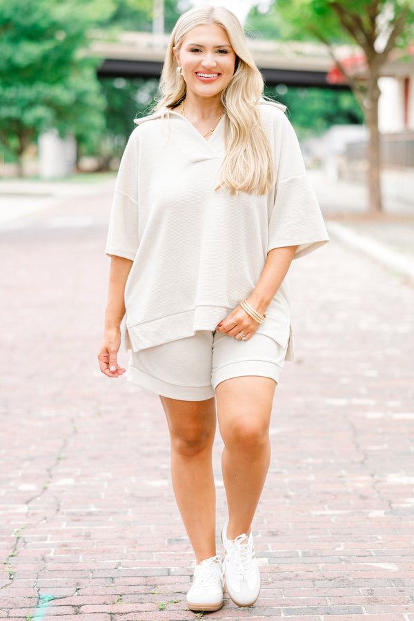 Chic Soul plus size clothing, Taupe shorts with a stretch waistband and a cuff at the end of the shorts 