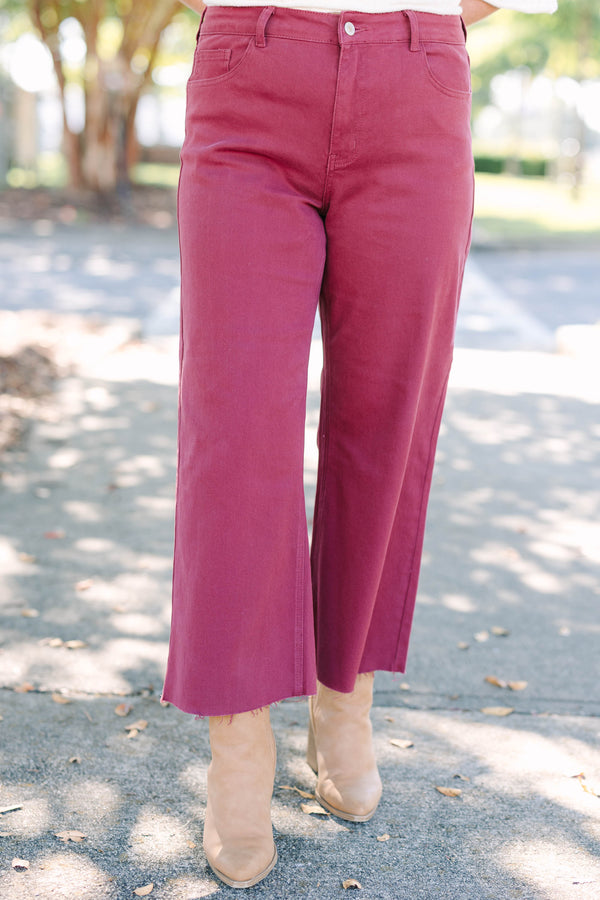 Plus size clothing high rise cropped burgundy denim with raw hemline