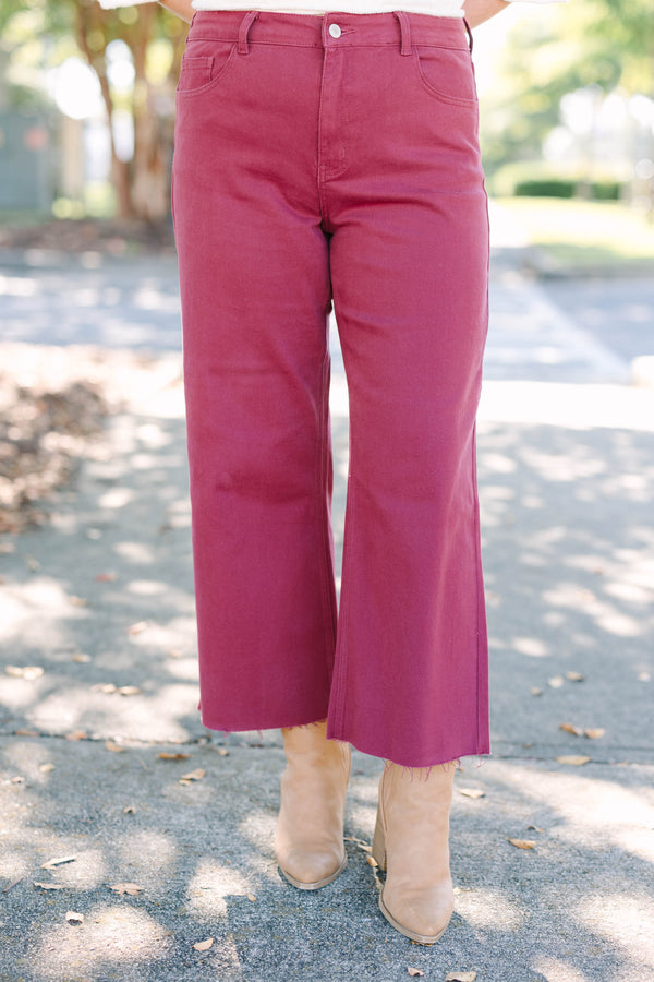 Plus size clothing high rise cropped burgundy denim with raw hemline
