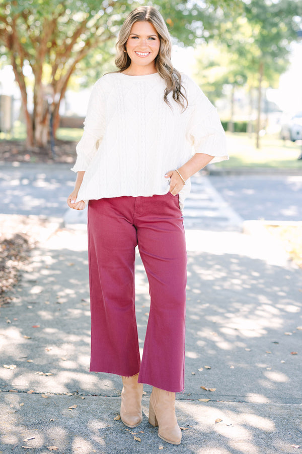 Plus size clothing high rise cropped burgundy denim with raw hemline