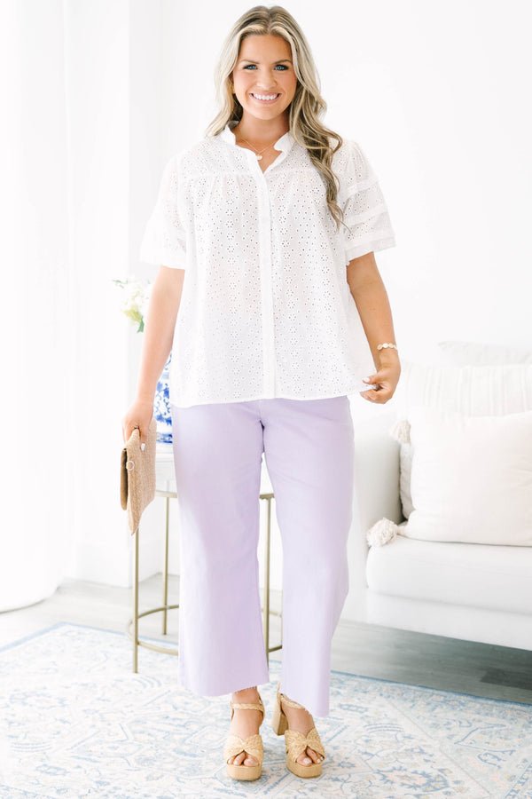 Plus Size lavender wide-leg jeans with a high-waist fit and raw-edge hems.