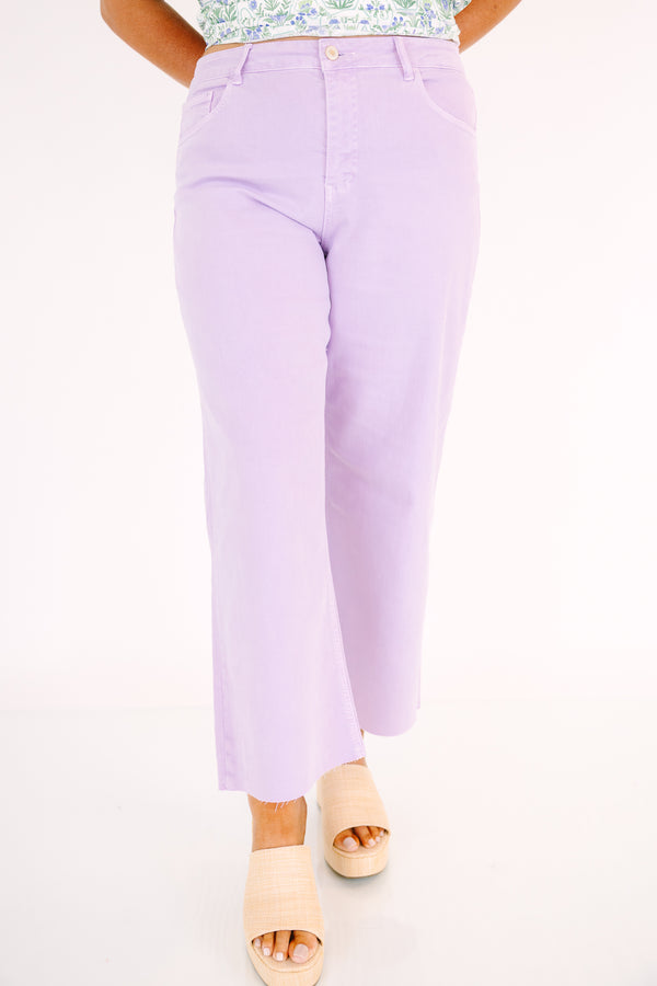 Plus Size lavender wide-leg jeans with a high-waist fit and raw-edge hems.