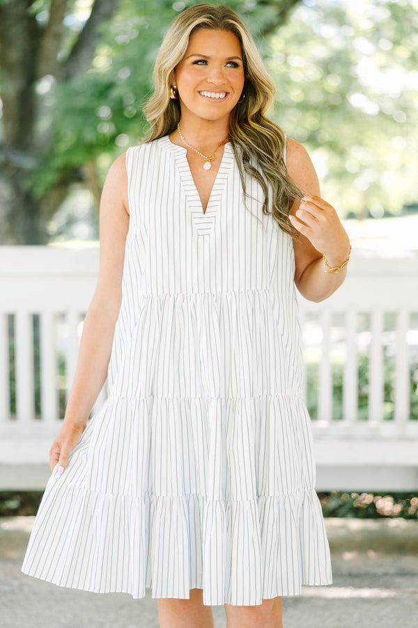 Chic Soul plus size clothing, off white sleeveless tiered mini dress with v neckline with black pin stripe detail