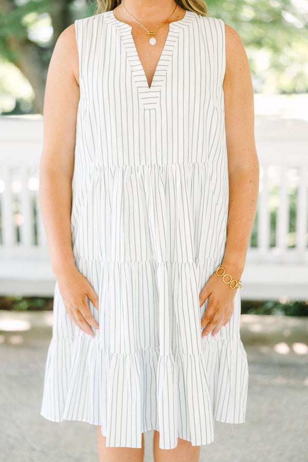 Chic Soul plus size clothing, off white sleeveless tiered mini dress with v neckline with black pin stripe detail