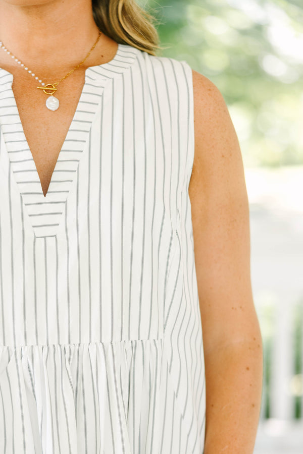 Chic Soul plus size clothing, off white sleeveless tiered mini dress with v neckline with black pin stripe detail