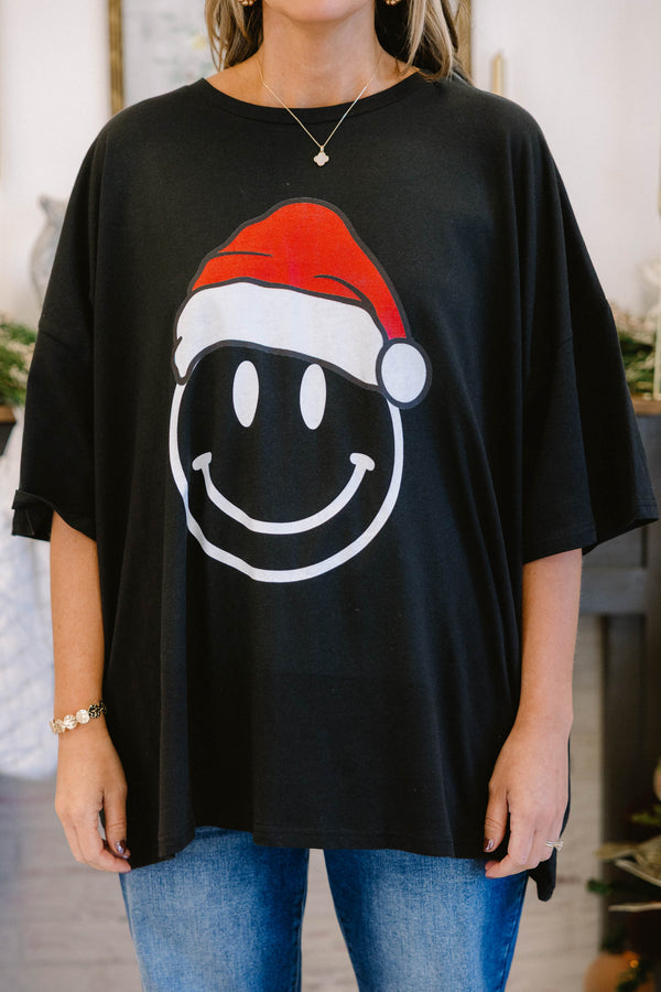 Chic Soul plus size clothing, black colored boyfriend tee holiday Christmas hat smiley face graphic printed on center of tee