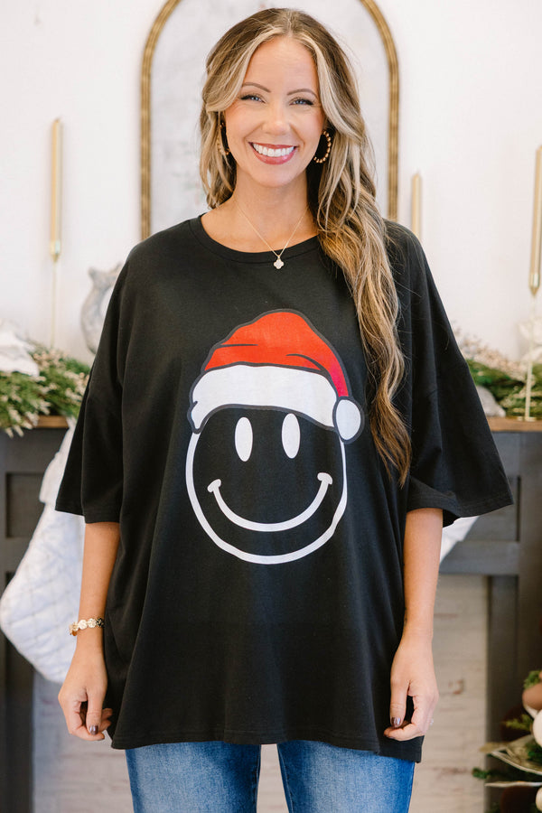 Chic Soul plus size clothing, black colored boyfriend tee holiday Christmas hat smiley face graphic printed on center of tee
