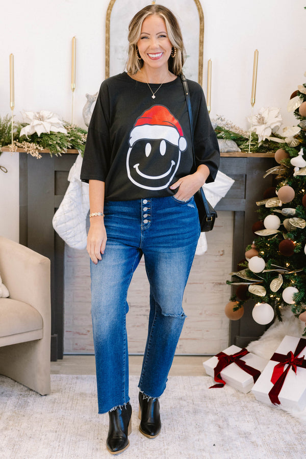 Chic Soul plus size clothing, black colored boyfriend tee holiday Christmas hat smiley face graphic printed on center of tee
