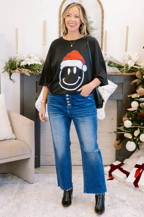 Chic Soul plus size clothing, black colored boyfriend tee holiday Christmas hat smiley face graphic printed on center of tee