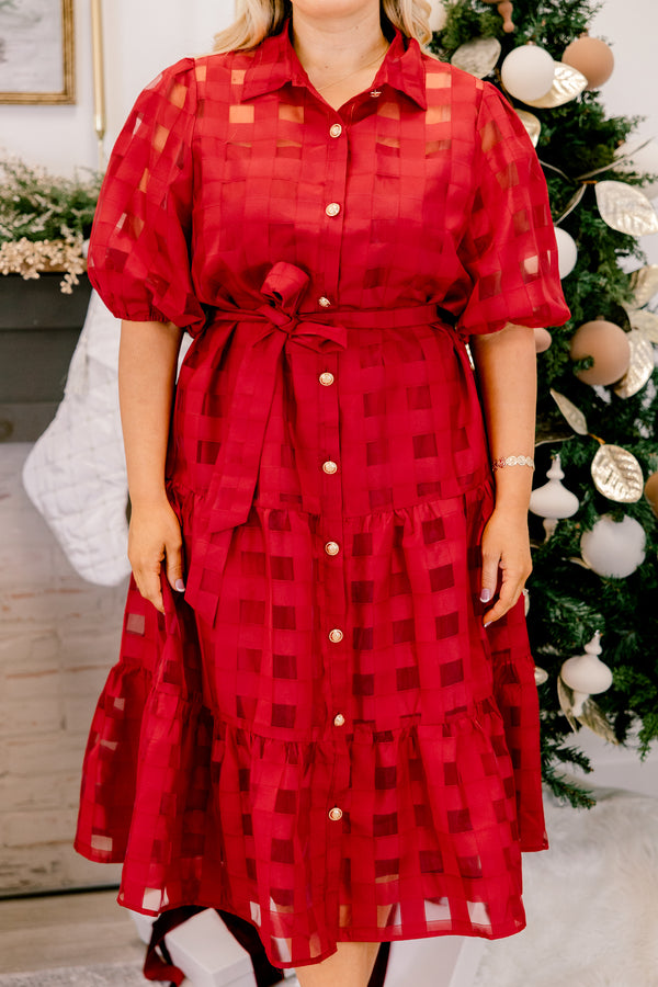 Chic Soul plus size clothing, red short puff sleeve midi dress with grid pattern, waist tie, collar, and white buttons down the front of the dress to the bottom