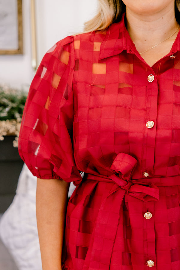 Chic Soul plus size clothing, red short puff sleeve midi dress with grid pattern, waist tie, collar, and white buttons down the front of the dress to the bottom