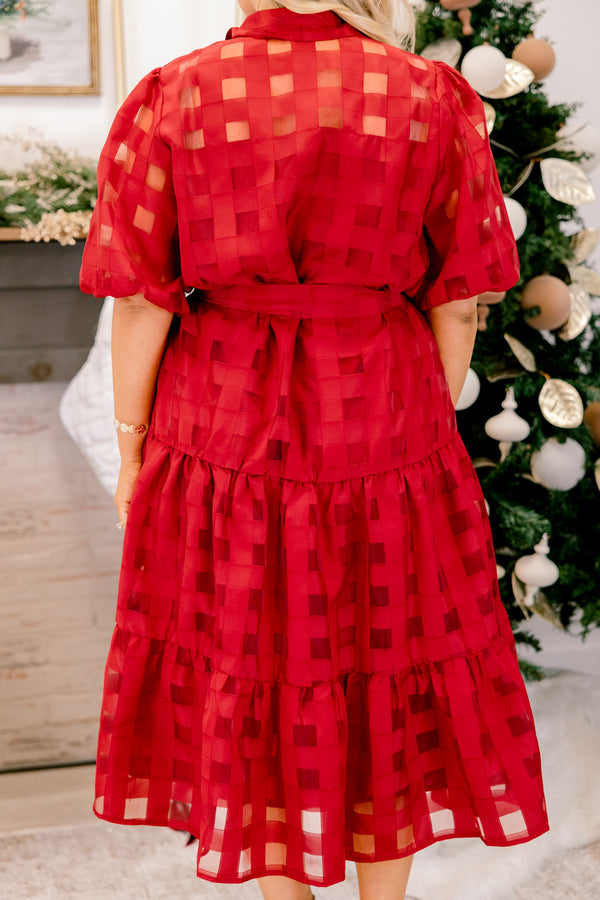 Chic Soul plus size clothing, red short puff sleeve midi dress with grid pattern, waist tie, collar, and white buttons down the front of the dress to the bottom
