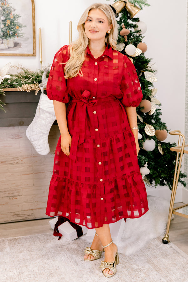 Chic Soul plus size clothing, red short puff sleeve midi dress with grid pattern, waist tie, collar, and white buttons down the front of the dress to the bottom