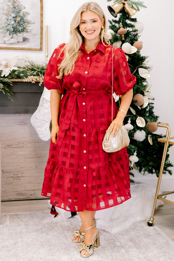 Chic Soul plus size clothing, red short puff sleeve midi dress with grid pattern, waist tie, collar, and white buttons down the front of the dress to the bottom