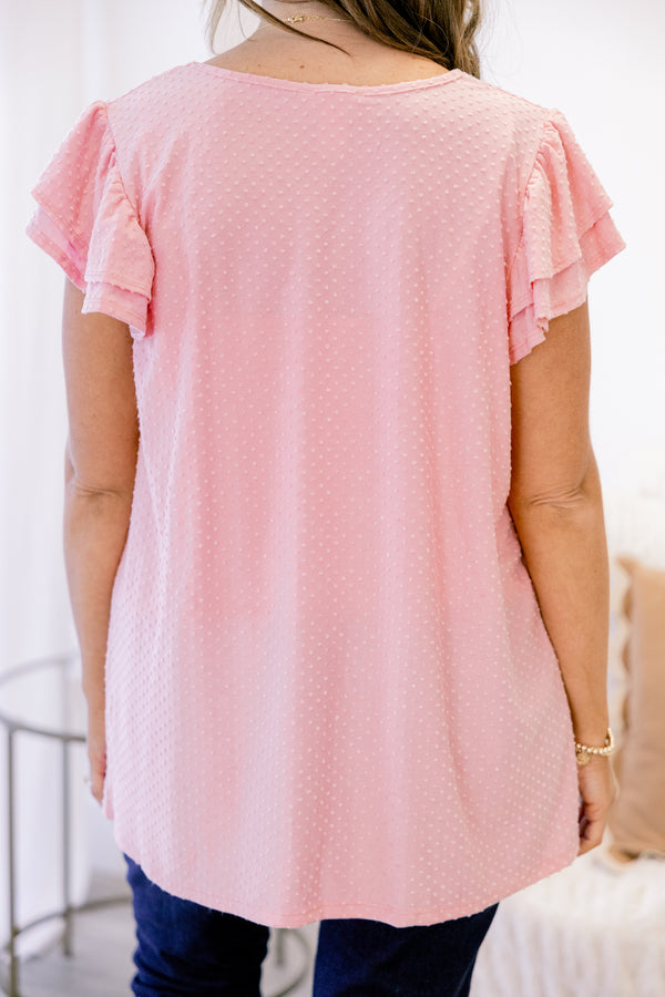 Chic Soul plus size clothing, short-ruffled-sleeve pale pink top with a scoop-neckline