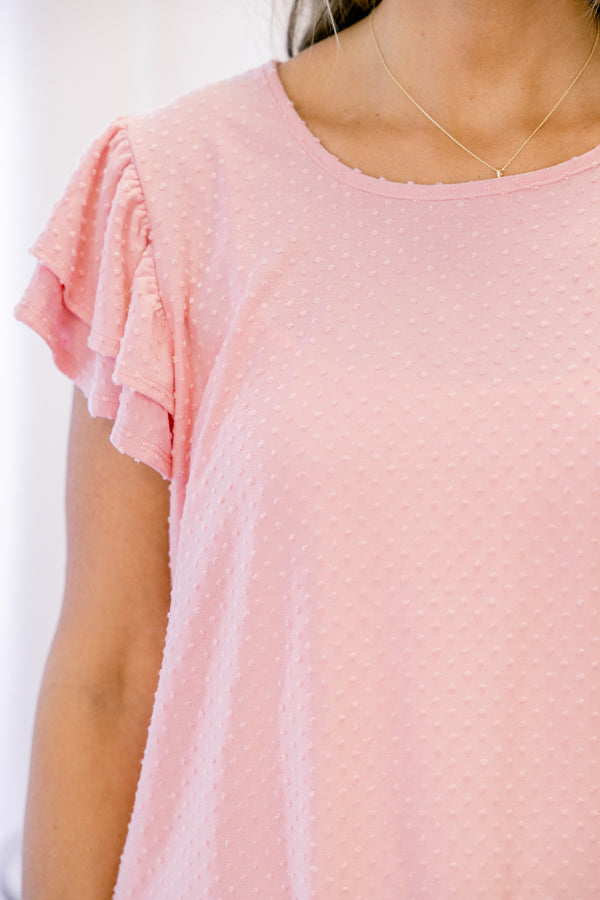 Chic Soul plus size clothing, short-ruffled-sleeve pale pink top with a scoop-neckline