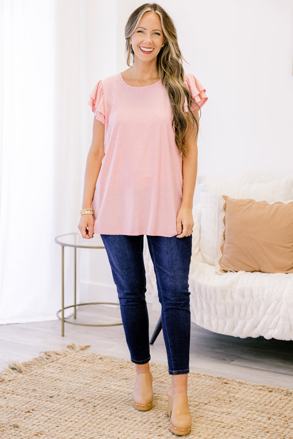 Chic Soul plus size clothing, short-ruffled-sleeve pale pink top with a scoop-neckline