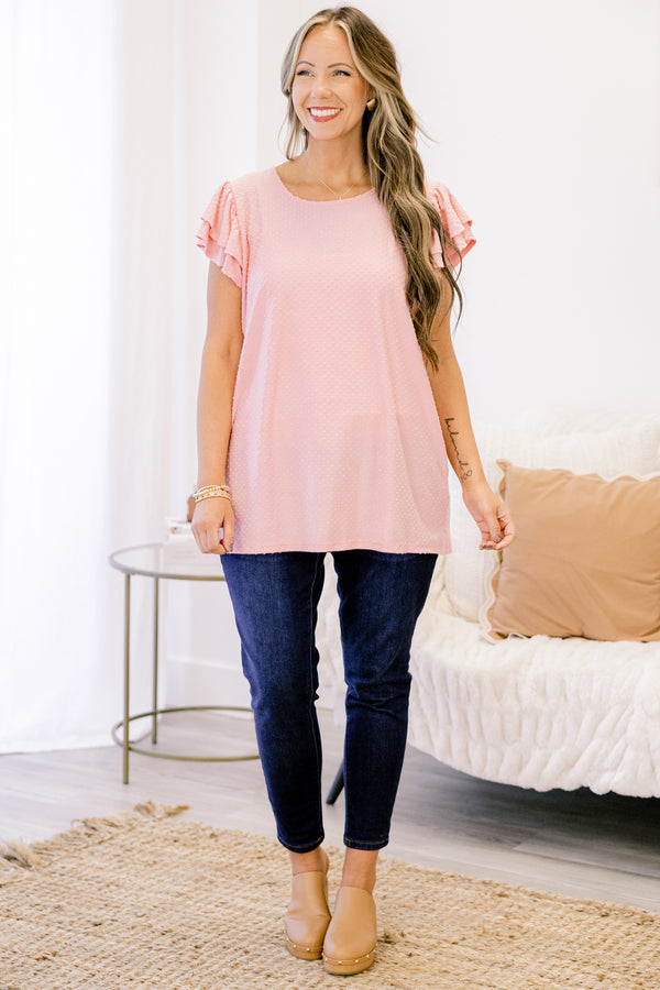 Chic Soul plus size clothing, short-ruffled-sleeve pale pink top with a scoop-neckline
