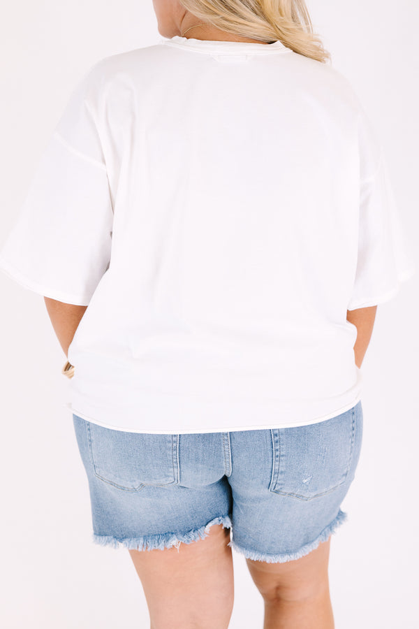 Chic Soul plus size clothing, white cropped graphic tee with the word 