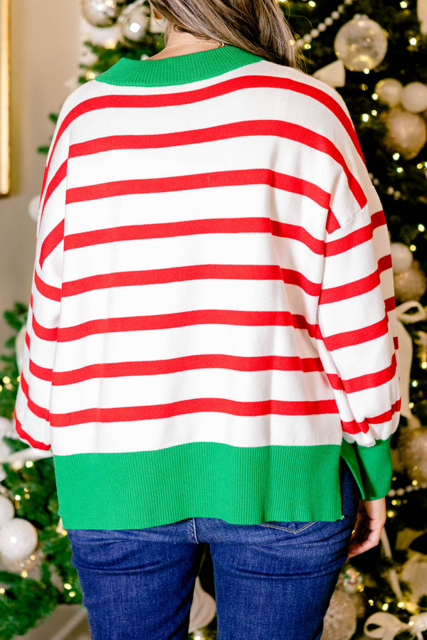 Chic Soul plus size clothing, red and white horizontal stripe sweater with green stripe around the collar and hem