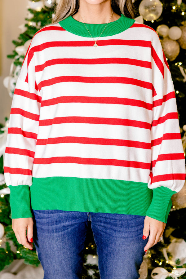 Chic Soul plus size clothing, red and white horizontal stripe sweater with green stripe around the collar and hem