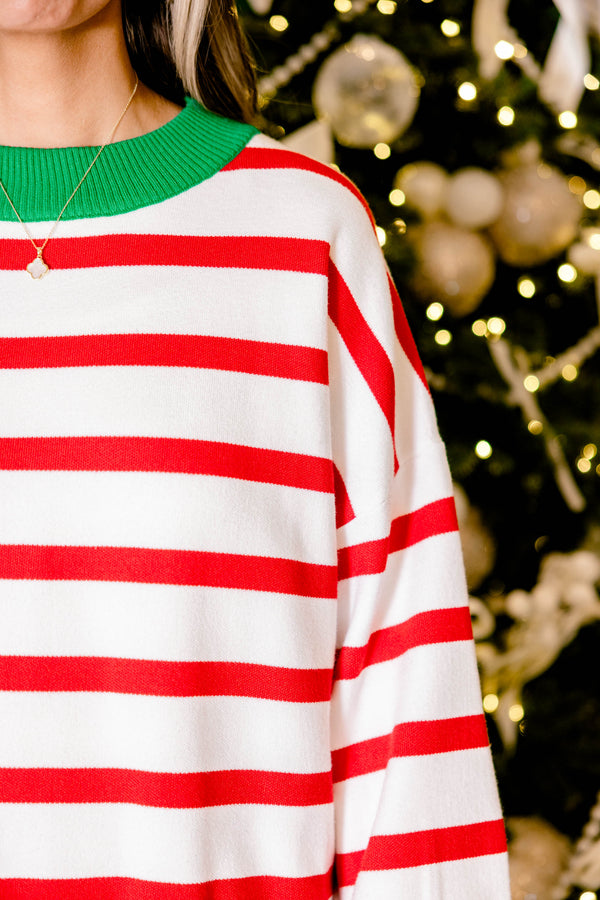 Chic Soul plus size clothing, red and white horizontal stripe sweater with green stripe around the collar and hem