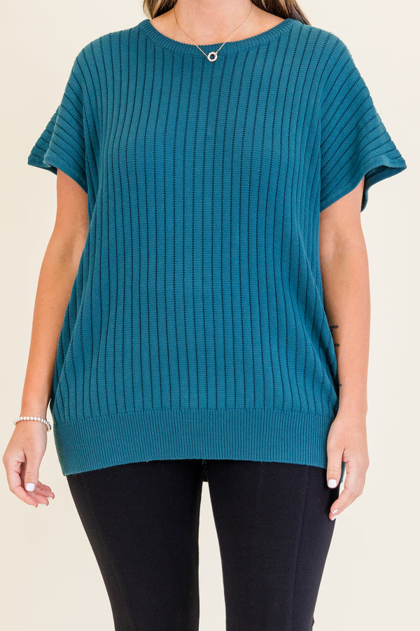 Chic Soul plus size clothing, short-sleeve jade green ribbed knit sweater with high-scoop-neckline 