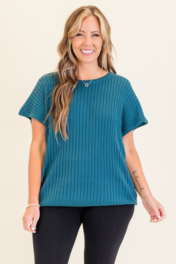 Chic Soul plus size clothing, short-sleeve jade green ribbed knit sweater with high-scoop-neckline 