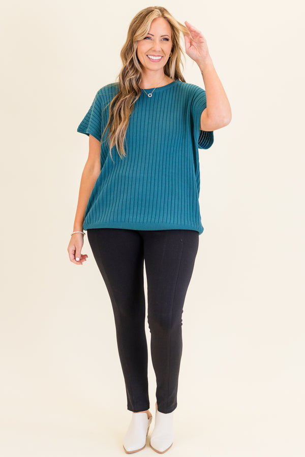 Chic Soul plus size clothing, short-sleeve jade green ribbed knit sweater with high-scoop-neckline 