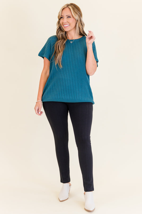 Chic Soul plus size clothing, short-sleeve jade green ribbed knit sweater with high-scoop-neckline 