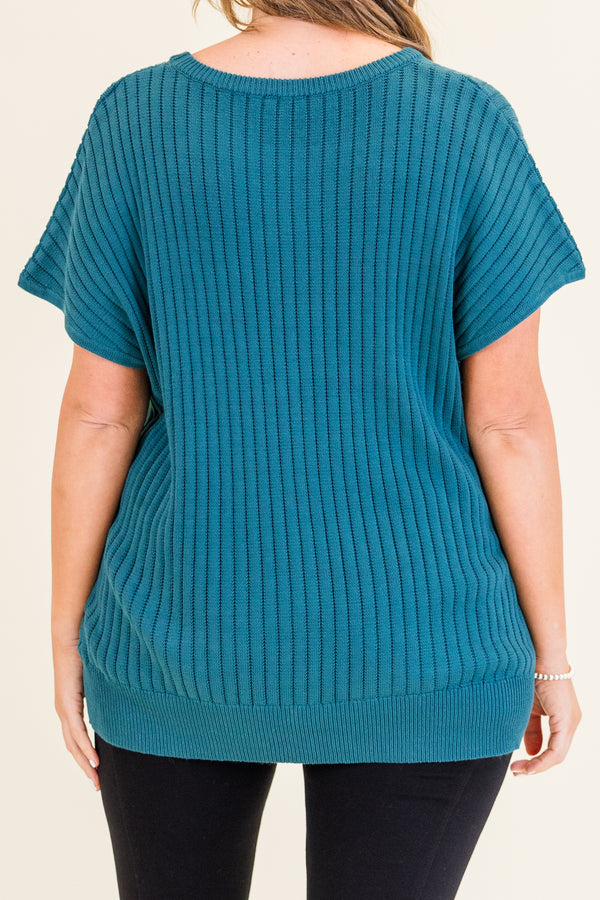 Chic Soul plus size clothing, short-sleeve jade green ribbed knit sweater with high-scoop-neckline 