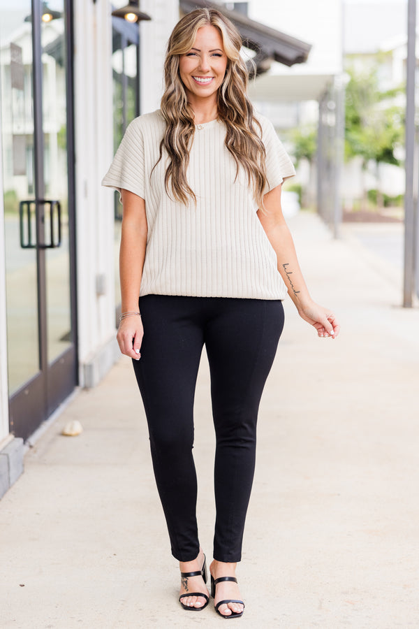 Chic Soul plus size clothing, short-sleeve oatmeal tan knit sweater with ribbed knit pattern 