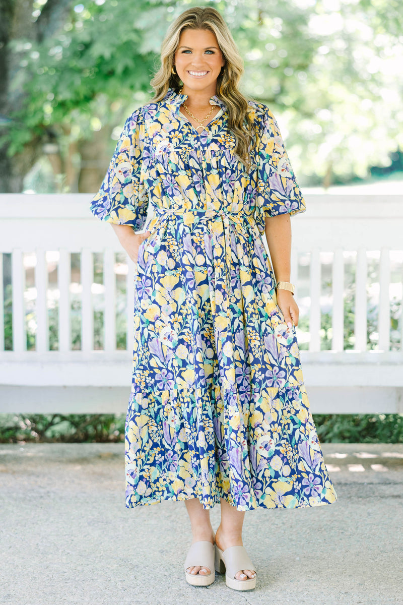 blue rain floral dress Flora Appliqu | Ready To Ship displaying arrangements of mini flowers in cool shades of turquoise Right As Rain Dress, Navy