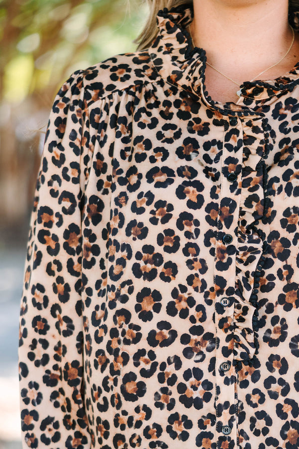 Plus Size leopard print button-down top with ruffle collar, long sleeves, and elastic cuffs.