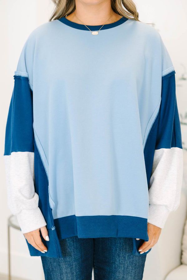 Plus size clothing, blue color block oversized pullover