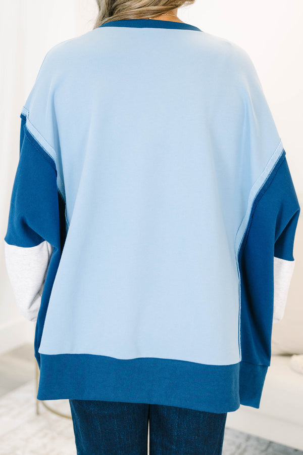 Plus size clothing, blue color block oversized pullover