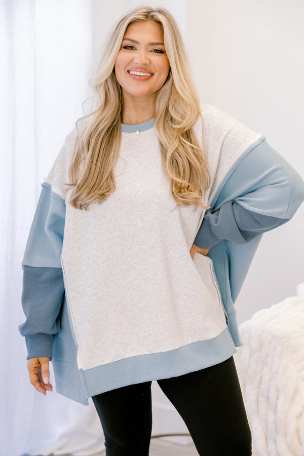 Chic Soul plus size clothing, grey and blue color block crewneck pullover