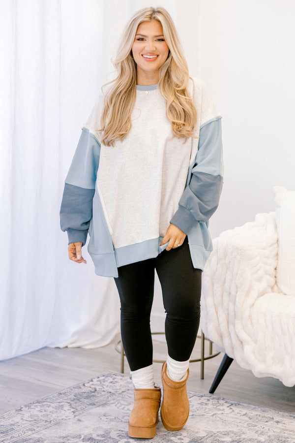 Chic Soul plus size clothing, grey and blue color block crewneck pullover
