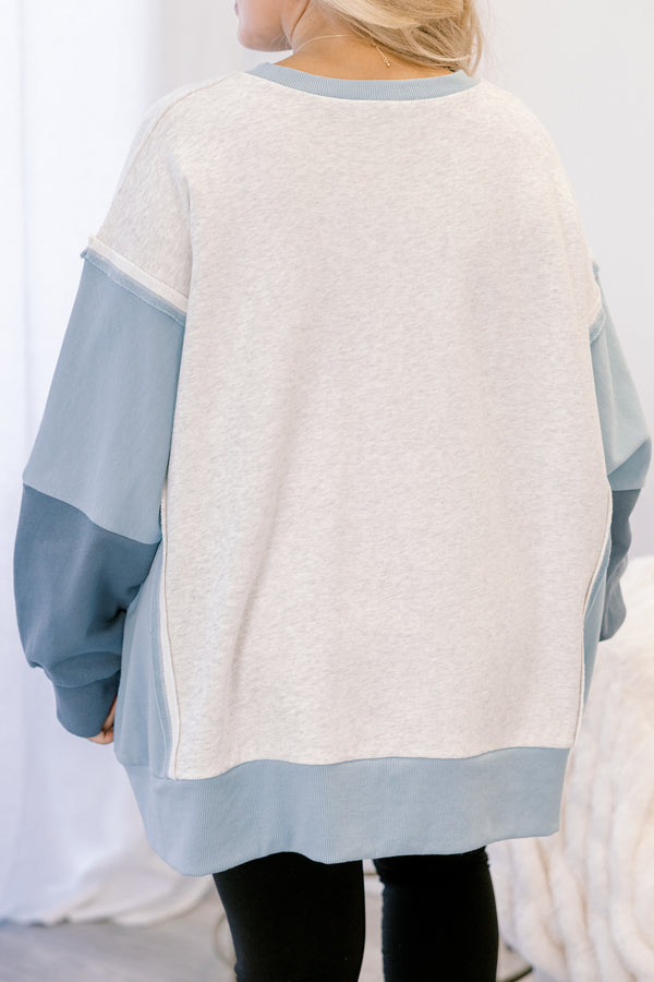 Chic Soul plus size clothing, grey and blue color block crewneck pullover