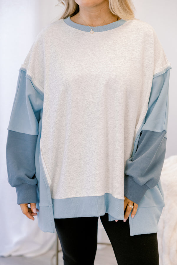 Chic Soul plus size clothing, grey and blue color block crewneck pullover