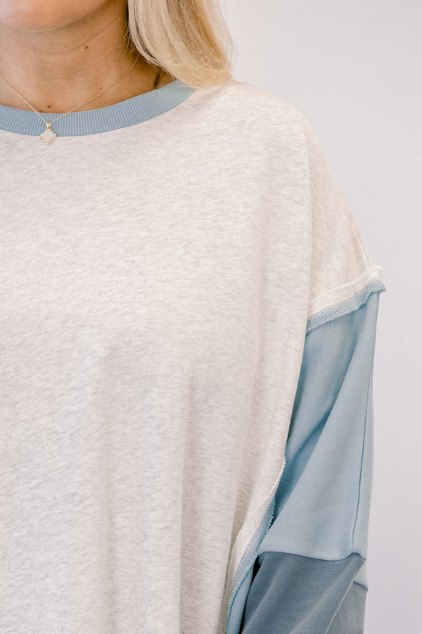 Chic Soul plus size clothing, grey and blue color block crewneck pullover