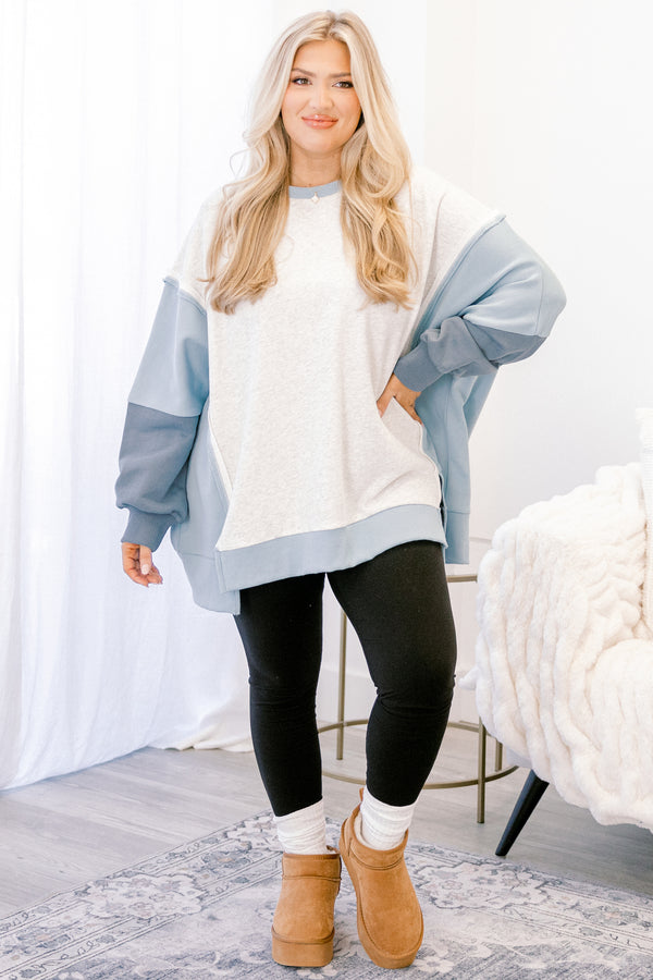 Chic Soul plus size clothing, grey and blue color block crewneck pullover
